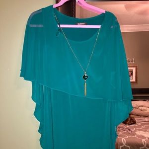 Gorgeous teal fluttery dress with sheer overlay